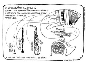 dechové hudební nástroje - klarinet, trumpeta, flétna atd. omalovánka